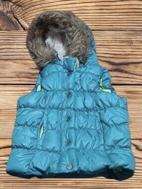 GIRL'S DOUBLE DEER HOODED PUFFY VEST FAUX FUR TURQUOISE SIZE S (6-6X)